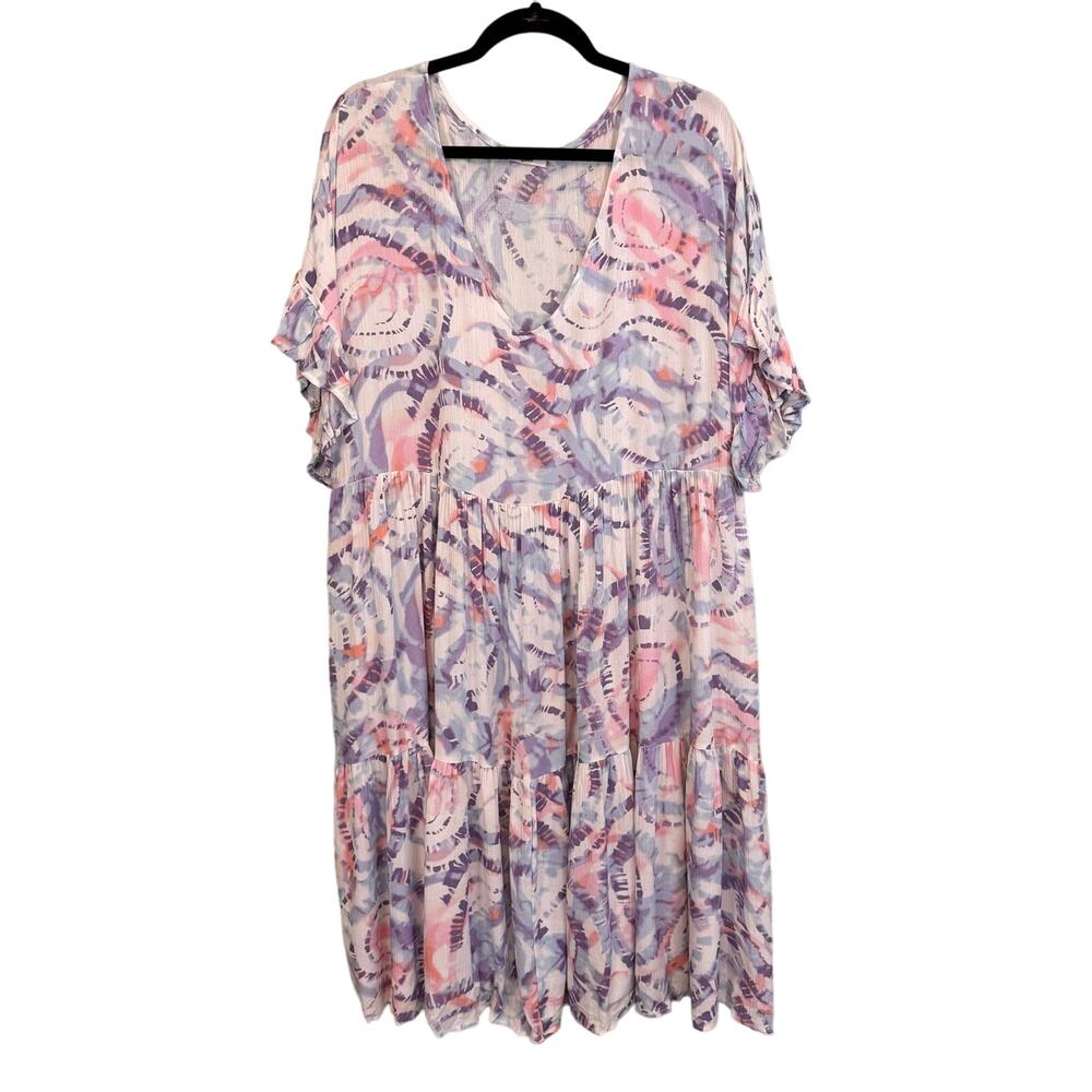 GeeGee Dress Womens 2XL Purple Maxi Midi V-Neck Ruffle Sleeve Tiered Crinkle USA
